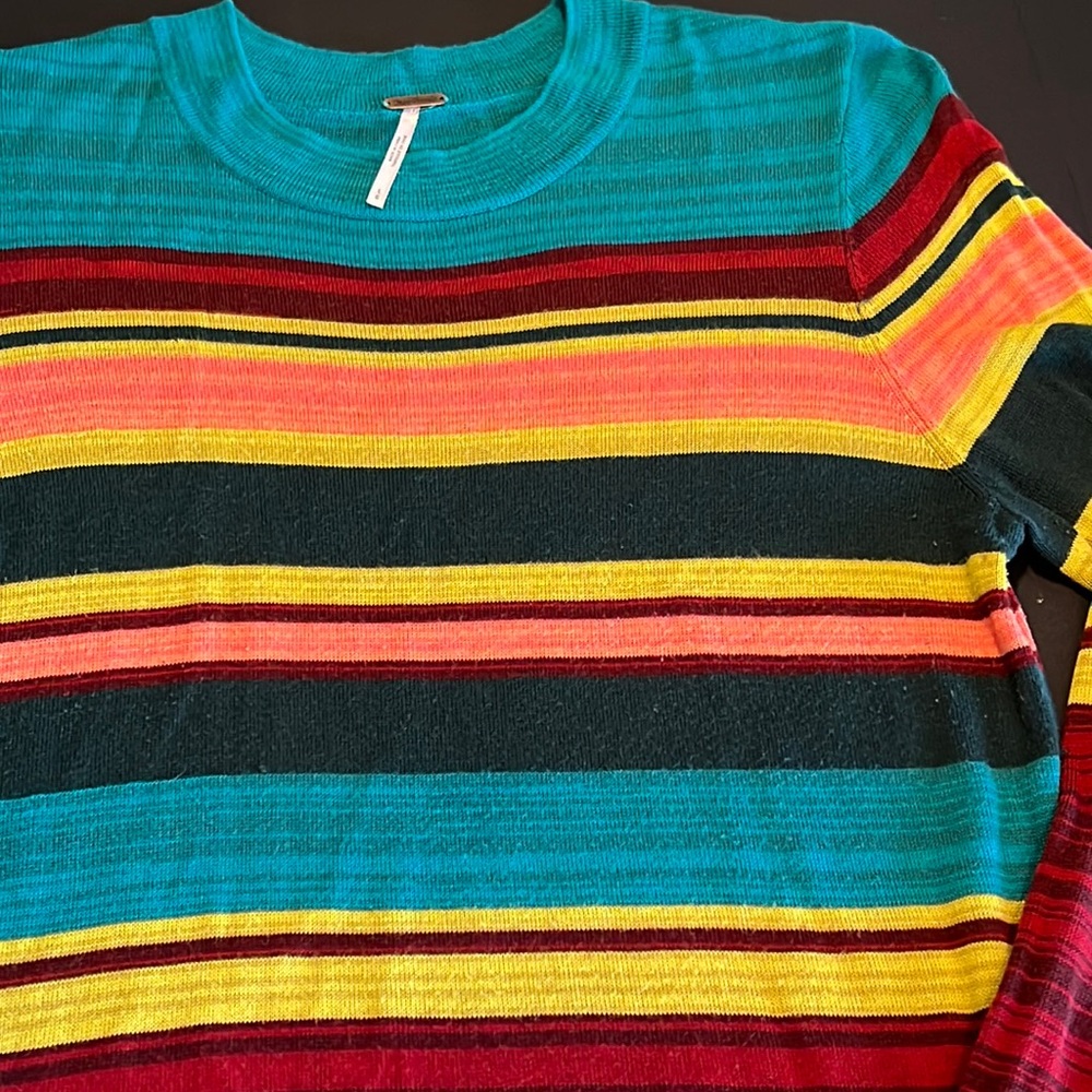 Free People fine-gauge multicolor striped rayon crewneck sweater-minor pilling - Picture 3 of 10